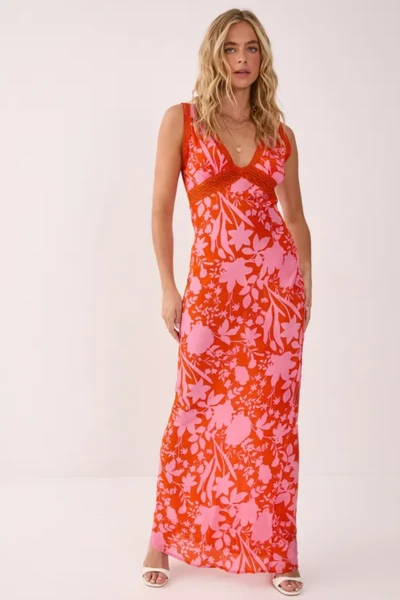Floral Lace Insert Plunge Maxi Dress